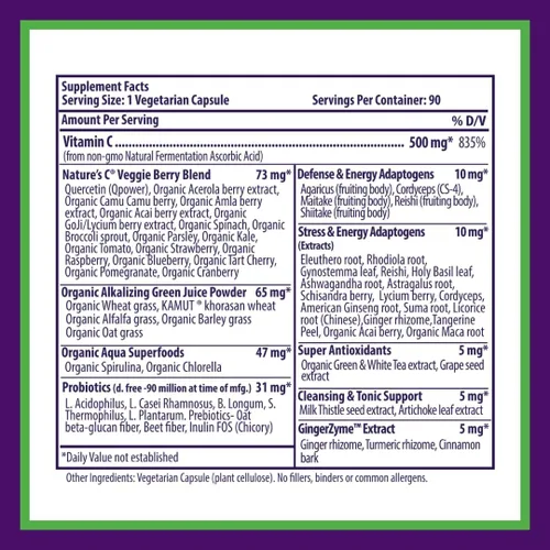Miniatura 7 de Paradise Herbs Earth's Blend Vitamina C con Nature's C y adaptógenos, base de superalimentos de probióticos y verduras alcalinizantes orgánicas, 90
