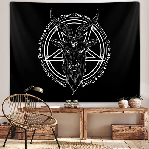 Miniatura 2 de Tapiz de pentagrama satánico para dormitorio, estatua de Baphomet, cabeza de cabra, calavera, tapices paganos para colgar en la pared para Negro