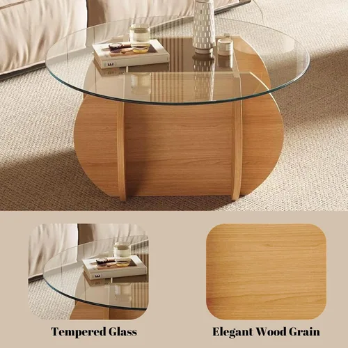 Miniatura 3 de Honyee Mesa de centro redonda de vidrio, mesa de centro pequeña de 30.7 pulgadas con parte superior de vidrio templado y base de grano de madera