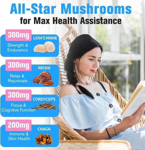 Miniatura 3 de Suplemento de hongos de 2600 mg, complejo de hongos 20 en 1, con melena de león, cordyceps, reishi, cola de pavo, Chaga - Suplementos cerebrales