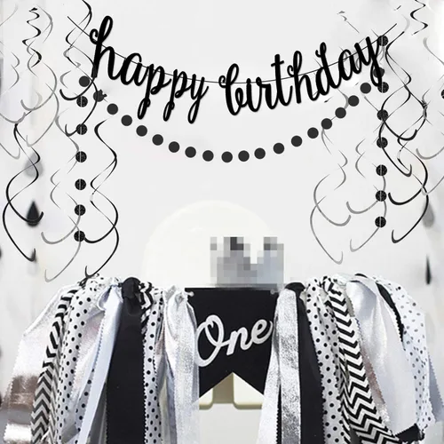 Miniatura 2 de Kit de decoración de pancarta negra de feliz cumpleaños, guirnalda de puntos circulares con espirales colgantes negros y plateados para cumpleaños