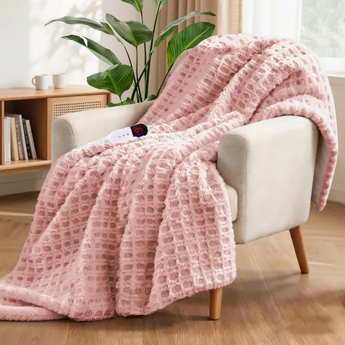 Manta Térmica Waffle de 50"x60" – Manta Eléctrica Pink Blush con 6 Niveles de Calor y 4 Configuraciones de Temporizador, Piel Sintética y Sherpa