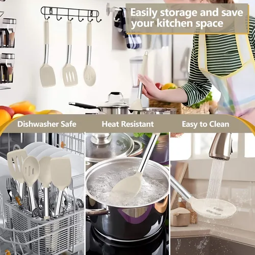 Miniatura 4 de P&P CHEF Juego de 4 utensilios de cocina de color caqui, espátulas sólidas de silicona, cucharas ranuradas para utensilios de cocina antiadherentes