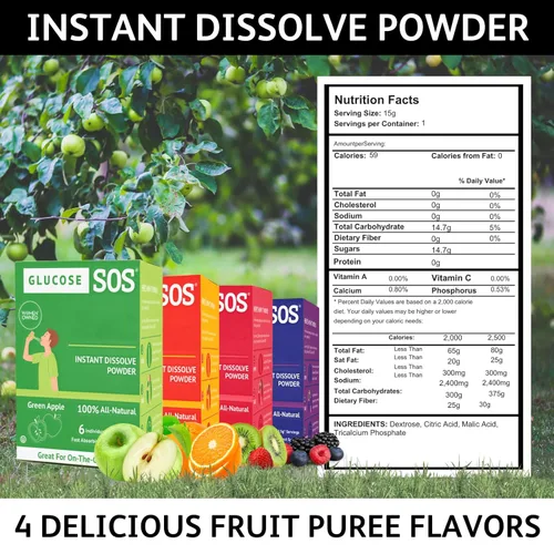 Miniatura 2 de Bolsas de polvo de glucosa Glucose SOS con dextrosa natural, absorción rápida que se disuelve instantáneamente en la boca sin necesidad de agua
