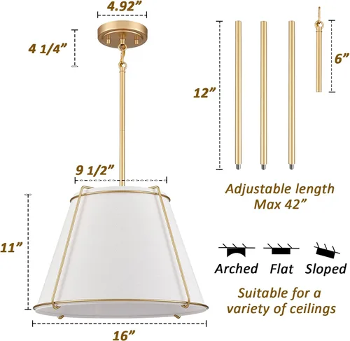 Miniatura 4 de Lámpara Colgante de Cono con Pantalla de Tambor de Tela con Linterna de Metal de 16 Pulgadas, Candelabros Blancos y Dorados para Cocina, Comedor