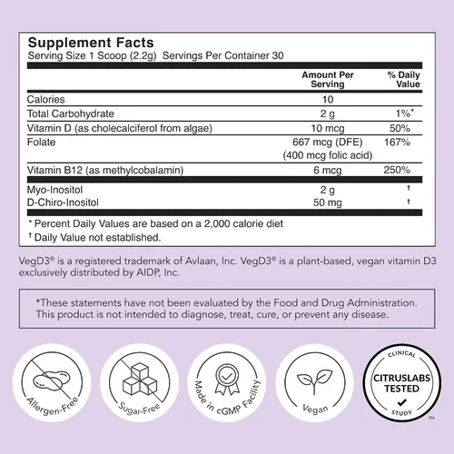 Miniatura 6 de Rael Balance hormonal para mujeres, suplemento en polvo de inositol - Vitamina B8, proporción probada 40:1, ácido fólico para la función ovárica