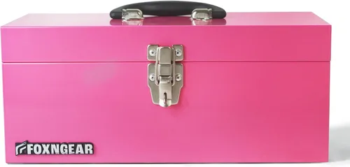 Caja de herramientas portátil de acero resistente de 16" calibre 18 con pestillo de metal y mango rosa