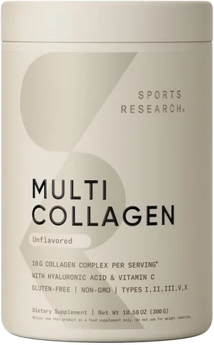 Sports Research® Polvo de proteína de colágeno múltiple - Péptidos de colágeno de fuente alimentaria (Tipo I, II, III, V, X) con ácido hialurónico +