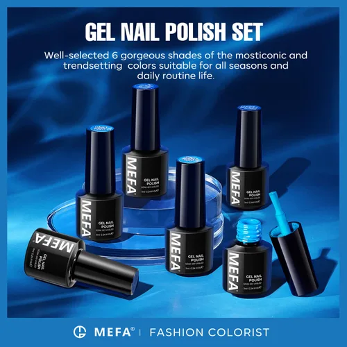 Miniatura 9 de MEFA - Juego de esmalte de uñas de gel azul, 6 colores, azul marino, zafiro, azul, brillantina, tonos oscuros, juego de iniciación, gel brillante
