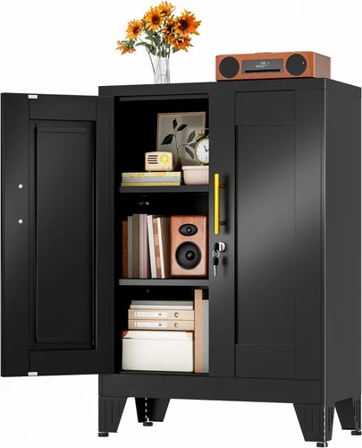 Gabinete de Almacenamiento de Metal Negro, Gabinete de Almacenamiento Alto de 36" con Cerradura y 2 Estantes Ajustables, Organizador de Casillero de