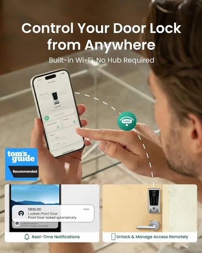 Miniatura 2 de DESLOC Cerradura inteligente WiFi D110 Plus, Wi-Fi incorporado, sin necesidad de hub, cerradura de entrada sin llave con huella dactilar, cerrojo