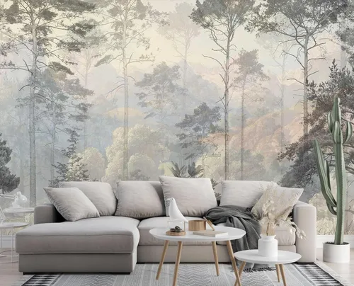 Miniatura 4 de Toolhom - Mural de pared de bosque nebuloso, papel tapiz de paisaje natural abstracto, patrones de decoración de pared de fondo (no autoadhesivo)