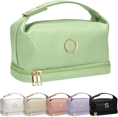 Miniatura 98 de Bolsa de maquillaje con asa, bolsa de cosméticos impermeable de doble capa, bolsas de maquillaje de cuero PU de gran capacidad con letra, bolsa
