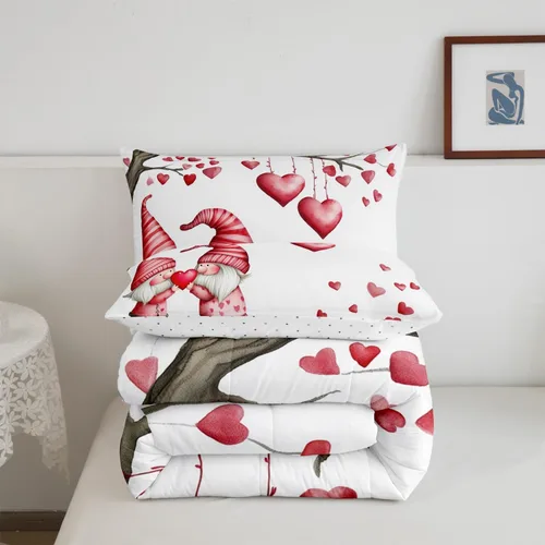 Miniatura 6 de Juego de edredón para el día de San Valentín, tamaño individual, ropa de cama romántica de gnomo para niños y niñas, pareja, con corazón rojo