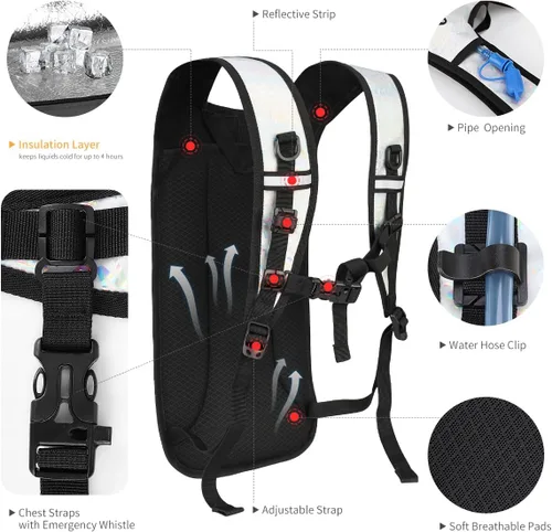 Miniatura 5 de Mochila de hidratación con vejiga de agua de 2 L, mochila de agua para raves, paquete de hidratación de aislamiento ligero para hombres y mujeres
