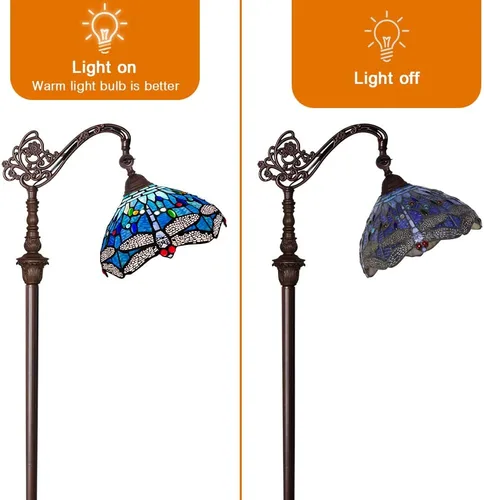 Miniatura 6 de Capulina Tiffany - Lámpara de pie con vitrales de 62 pulgadas de alto, libélula azul, antigua, suave, arqueada, ángulo ajustable, lámpara de pie