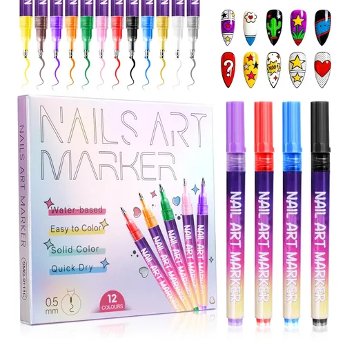 Juego de marcadores de arte de uñas de 12 colores, punta ultrafina de 0.020 in, bolígrafos de esmalte de uñas impermeables de secado rápido, no