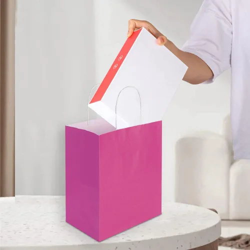 Miniatura 7 de Oikss Paquete de 100 bolsas de papel kraft medianas de 8 x 4.75 x 10 pulgadas con asas a granel para cumpleaños, bodas, fiestas, comestibles, Fucsia