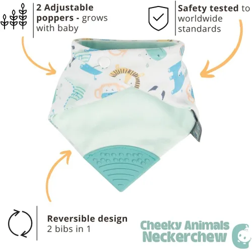 Miniatura 3 de Cheeky Chompers Neckerchew babero de dentición, babero estilo bandana 2 en 1 con mordedor de silicona de grado alimenticio Animales descarados