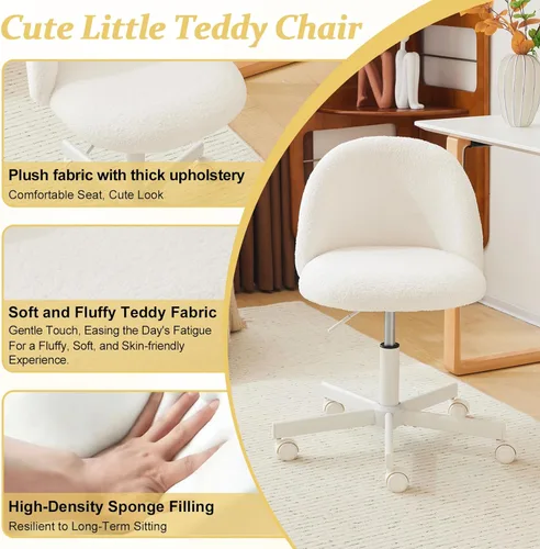 Miniatura 4 de VINGLI Silla de tocador moderna con respaldo, silla de escritorio de terciopelo para niñas, silla de oficina pequeña con ruedas silenciosas, Blanco