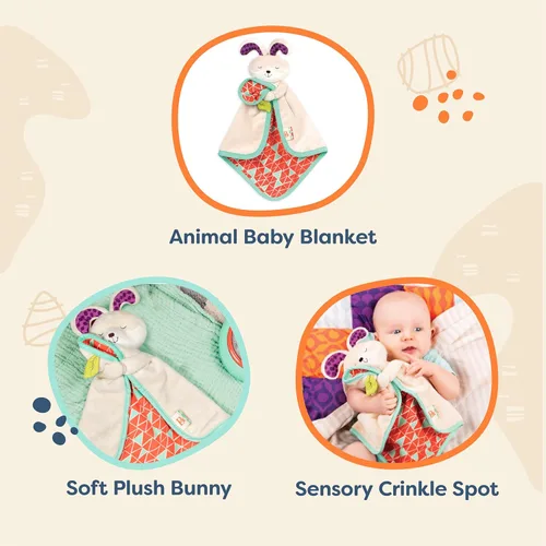 Miniatura 3 de B. toys – Manta de seguridad Baby Bunny con tela de felpa suave – Manta sensorial de confort con área crujiente para recién nacidos y bebés