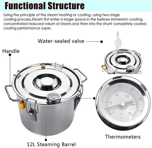 Miniatura 3 de Destilador de acero inoxidable con condensador de tubo de cobre, kit de preparación casera con termómetro, para bricolaje, 6 l/1.5 galones