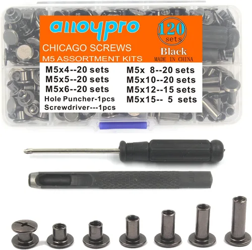 Miniatura 14 de ALLOYPRO 100 juegos de tornillos Chicago con destornillador de 3/16 pulgadas, remaches de cuero de 3/16 pulgadas, 10 tamaños, remaches de tornillo