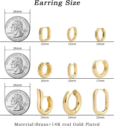 Miniatura 2 de Juego de 9 pares de aretes de aro de oro grueso para mujer, chapados en oro de 14 quilates, hipoalergénicos, trenzados, joyería gruesa
