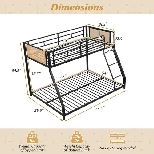 Miniatura 2 de KOMFOTT Litera de metal individual sobre matrimonial, litera de ratán bohemio de perfil bajo con barandilla de seguridad de longitud completa y Negro