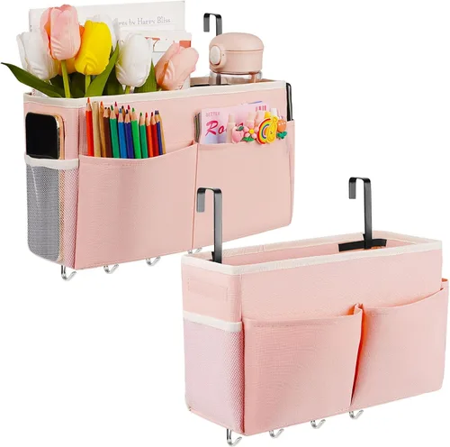Miniatura 9 de Organizador de almacenamiento de mesita de noche, 5 bolsillos con 4 ganchos, bolsa de almacenamiento colgante para cabeceros/literas (gris)