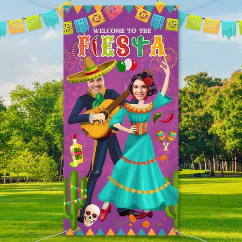 Miniatura 3 de Blulu Cartel de puerta de fotos para parejas del Cinco de Mayo, 6 x 3 pies, temática mexicana, accesorios de fotografía, telón de fondo de fiesta