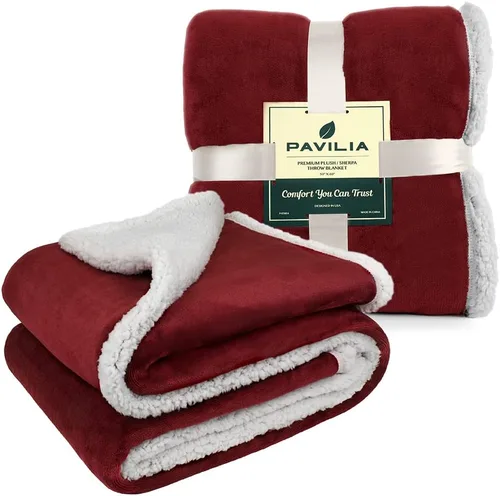 Miniatura 9 de PAVILIA Manta de forro polar Sherpa para sofá, tamaño individual, color rojo granate, suave y mullida, acogedora manta de invierno reversible