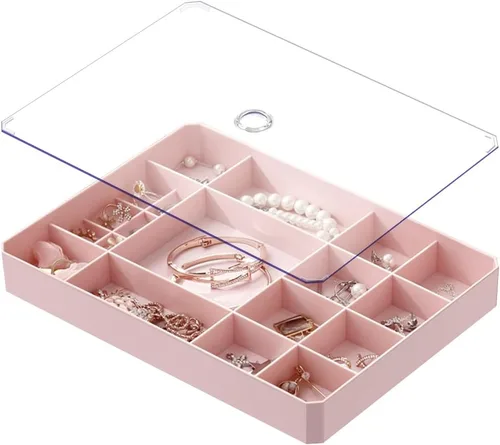 Organizador apilable de joyas, organizador de joyas con tapa transparente, caja de joyería simple para cajón, aparador, para collares, pulseras,