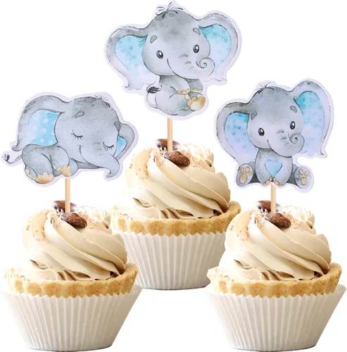 Miniatura 7 de 36 piezas de decoración de cupcakes de elefante azul It's a Boy Baby Shower para temática de elefante, revelación de género, baby shower, niños