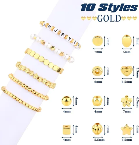 Miniatura 2 de 1500 Piezas 10 Estilos Cuentas Espaciadoras Doradas Surtidas para Hacer Joyas Cuentas Sueltas para Pulsera Collar Pendientes Manualidades DIY Dorado