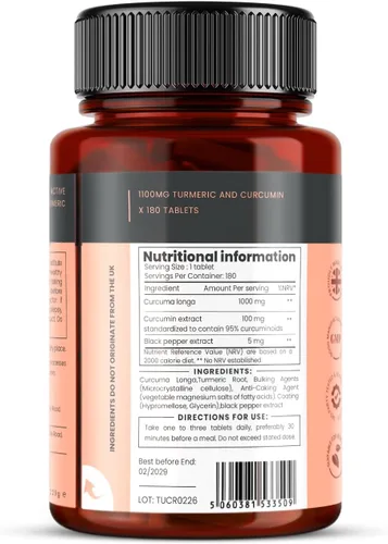 Miniatura 2 de 1100 mg de cúrcuma y curcumina x 180 comprimidos – 6 meses de suministro – con 95% de curcumina y 5 mg de extracto de pimienta negra