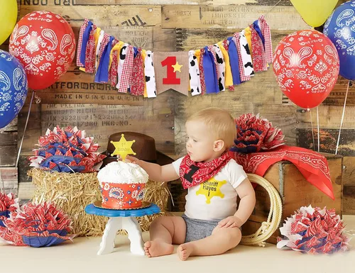 Miniatura 5 de Woody and Jessie - Cartel de primer cumpleaños para silla de bebé niño, decoraciones de fiesta occidental, pancarta de vaquero del oeste