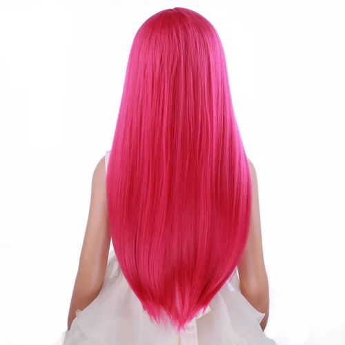 Miniatura 4 de PATTNIUM Peluca de color rosa intenso para niños, peluca larga y recta, color rosa, para niñas, color magenta, color rosa neón, pelucas sintéticas