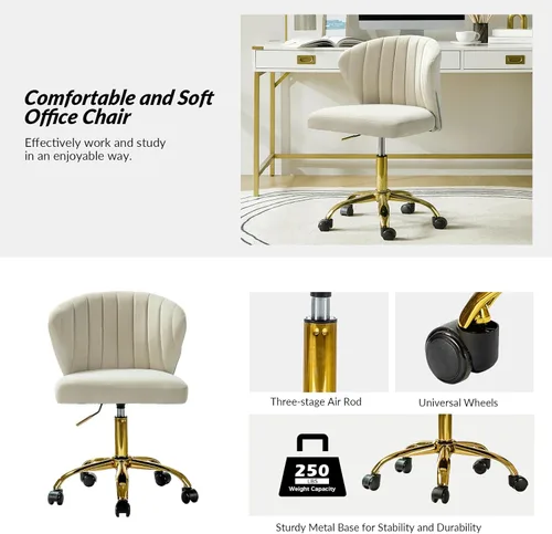 Miniatura 3 de HULALA HOME Silla de escritorio de oficina en casa con ruedas doradas, pequeña y linda silla de tocador con respaldo para dormitorio, asiento