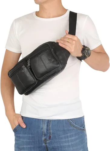 Miniatura 3 de Riñonera de piel auténtica, bolsa de cintura, organizador con cinturón ajustable, múltiples bolsillos para hombres y mujeres, Negro-878 Grande, L