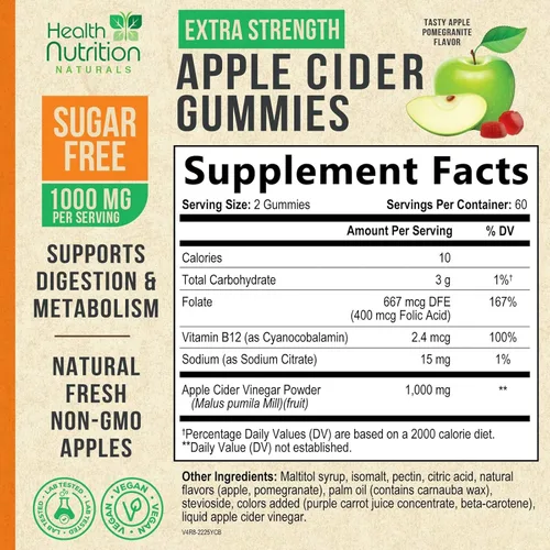 Miniatura 2 de Gomitas de vinagre de sidra de manzana, cero azúcar, vitaminas gomosas ACV de máxima fuerza, vitamina B12 y la madre, metabolismo y apoyo