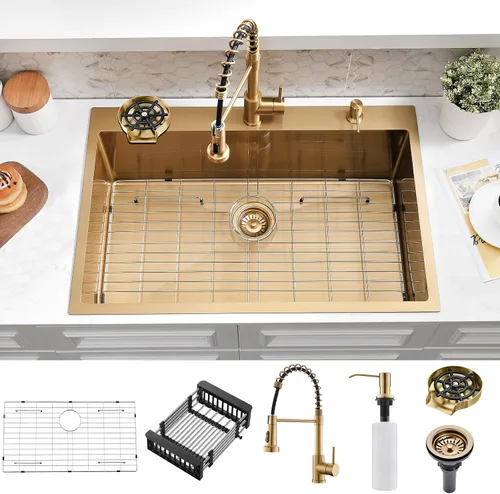 Miniatura 9 de Fregadero de barra empotrable de 15 pulgadas con combo de grifo Acero inoxidable dorado, tazón individual de montaje superior, diseño moderno