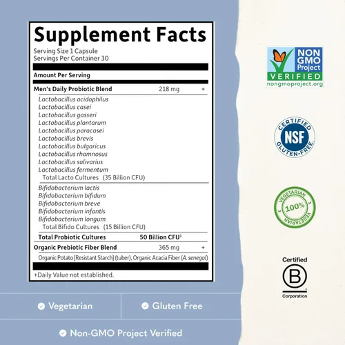 Miniatura 3 de Garden of Life Probióticos para Hombres, formulado por médicos, 50 mil millones de CFU, 15 probióticos para la salud digestiva + fibra prebiótica