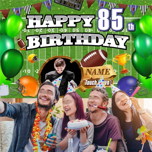 Miniatura 6 de Cartel de decoración de cumpleaños número 85 con temática de fútbol – Cartel de tela personalizado para suministros de fiesta de cumpleaños 85