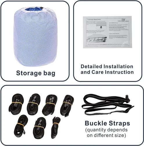 Miniatura 8 de Explore Land Cubierta impermeable 900D para lancha remolcable para lanchas de 14 a 16 pies de largo de hasta 76 pulgadas, casco en V, tri-casco