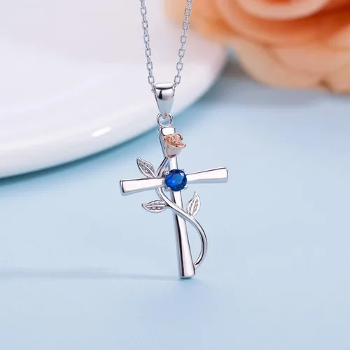 Miniatura 4 de BlingGem Collar de cruz para mujer, plata de ley 925, colgante de cruz de rosa, circonita cúbica 5A, 12 meses de nacimiento, joyería de cumpleaños