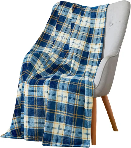 Manta de Forro Polar a Cuadros Verde Azulado de Granja: Diseño Tartán Suave Azul Crema Marrón Decorativo para Sofá Sillón Silla Cama Dormitorio