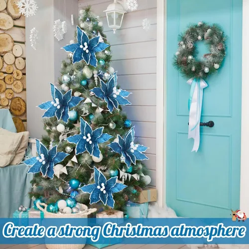 Miniatura 4 de Zeyune 6 Piezas Flores de Pascua Azules de Navidad Artificiales Grandes Espinas de Pascua Falsas Flores de Franela con Borde Helado para Adornos