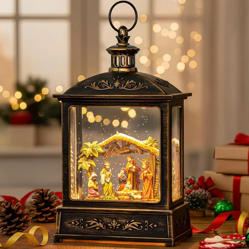 Miniatura 37 de Gnomos de Navidad de 10 pulgadas, linterna de globo de nieve iluminada, caprichoso árbol de Navidad y elfo escandinavo, linterna de agua musical