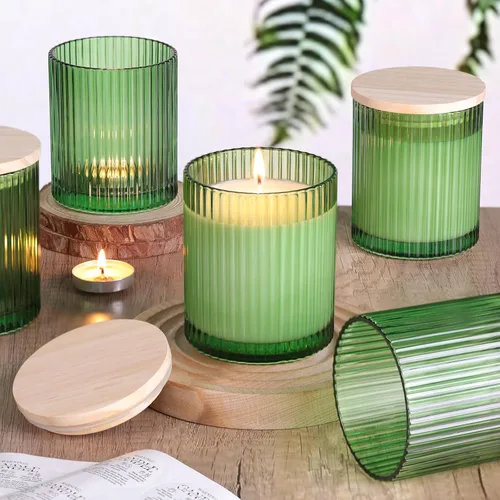Miniatura 9 de sunnyfuture Juego de 8 tarros de vela transparentes de 10 onzas para hacer velas, tarros de vela de vidrio acanalado con tapas de madera
